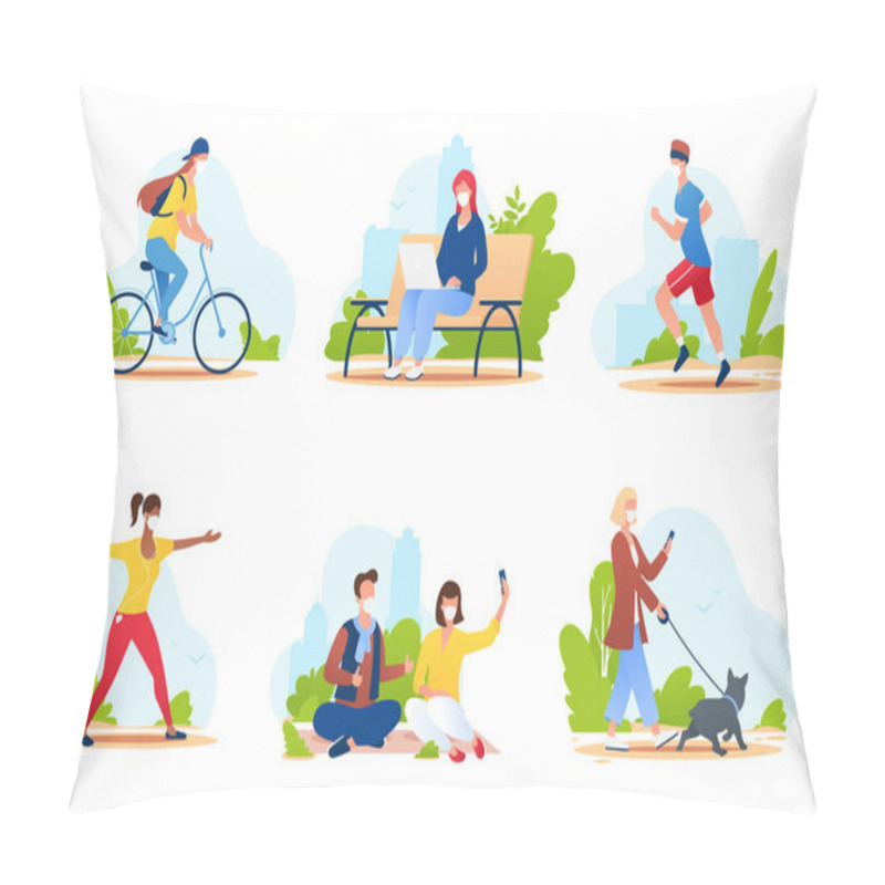 Personality  People Spend Time In A City Park. People In Medical Protective Masks Walk In Nature, Ride A Bike, Play Sports, Relax, Etc. Summer Outdoor Activities. Social Distance. Vector Illustration. Pillow Covers