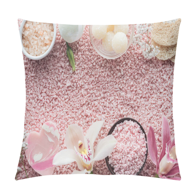 Personality  Top View Of Beautiful Orchid Flowers, Handmade Soap, Sponges And Pink Sea Salt Pillow Covers