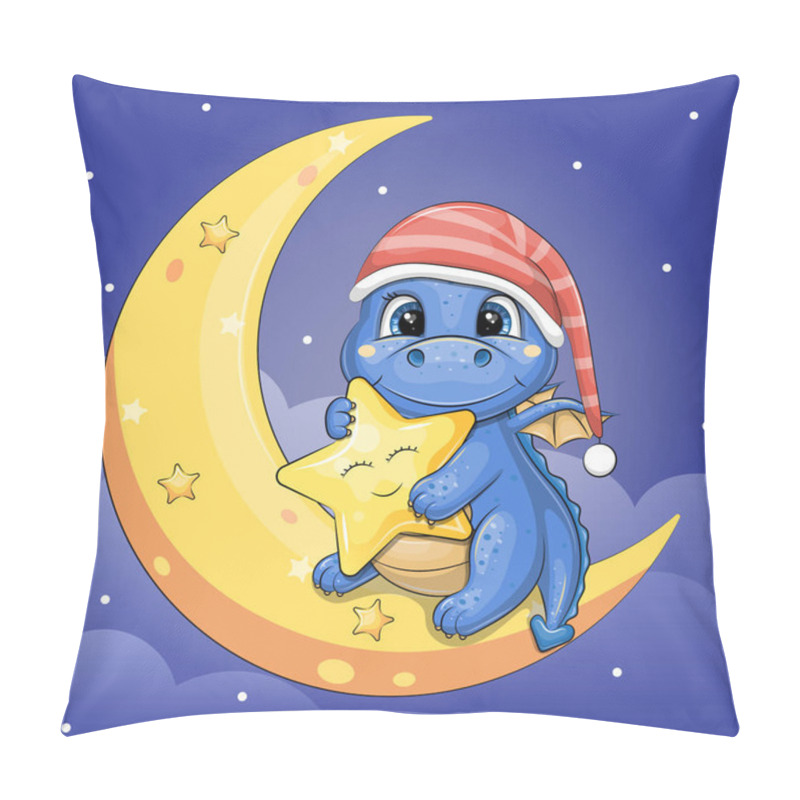 Personality  Cute Cartoon Blue Dragon In Red Nightcap Holding A Yellow Star And Sitting On A Moon. Night Vector Illustration Of Animal On Dark Blue Background With Clouds And Stars. Pillow Covers