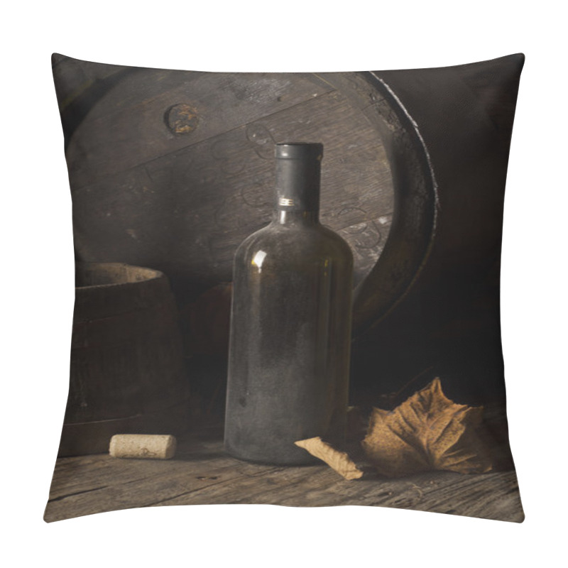 Personality  Still Life With Wine Bottles, Glasses And Oak Barrels. Pillow Covers