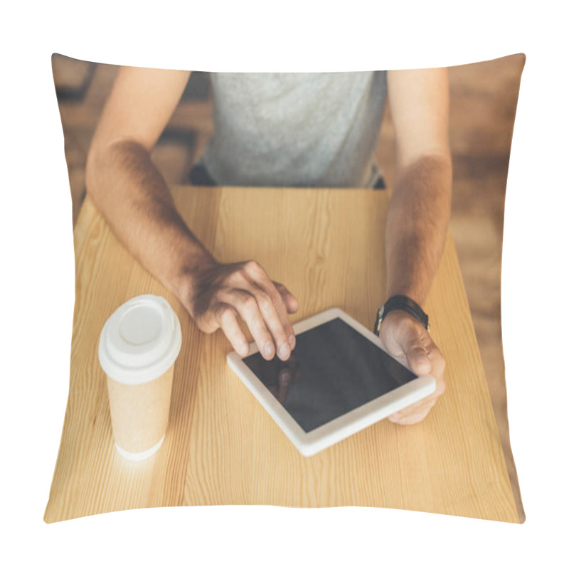 Personality  Man Using Tablet In Cafe Pillow Covers