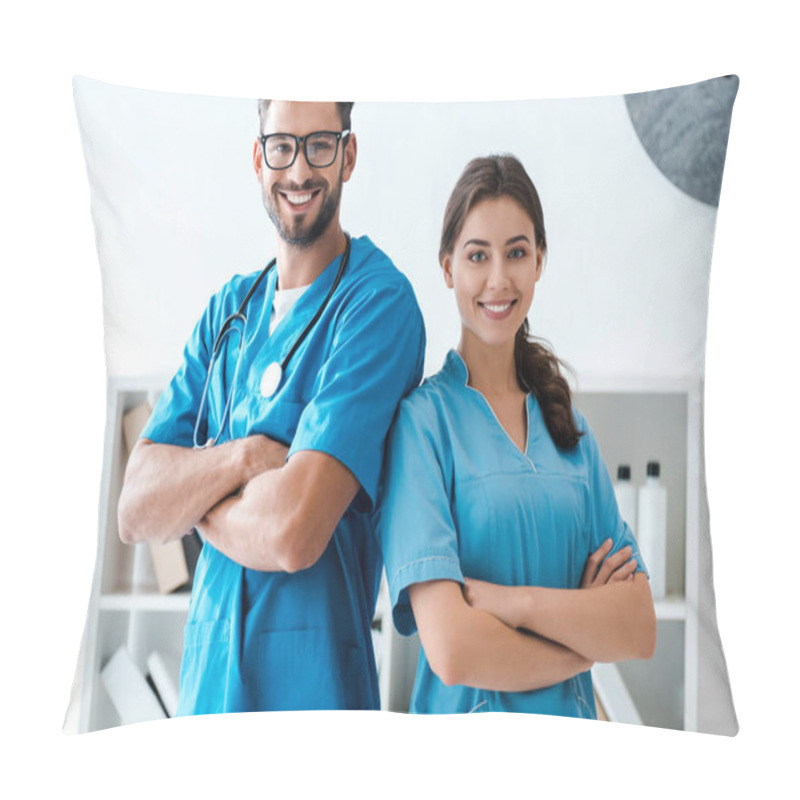 Personality  Two Young, Confident Veterinarians Standing With Crossed Arms And Smiling At Camera Pillow Covers