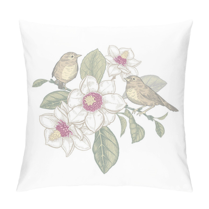 Personality  Two Little Cute Birds On Tree Branch Of Blossoming Magnolia. Spring Vector Illustration With Flowers, Leaves And Animals. Spring Time. Vintage Decoration For Love Message, Wedding Invitation, Interior Pillow Covers