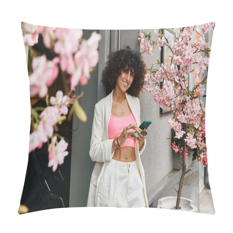 Personality  A Woman In Stylish Attire Enjoys A Trip Through A European City, Surrounded By Blooming Cherry Blossoms. Pillow Covers