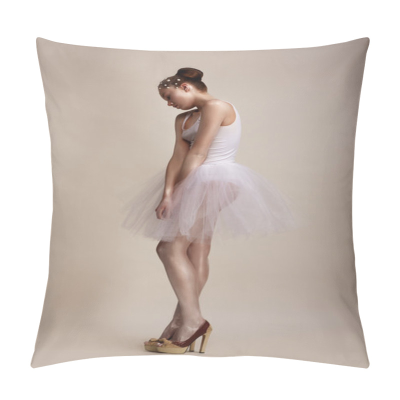 Personality  Attitude. Attractive Female Standing In White Dress. Upset Pillow Covers