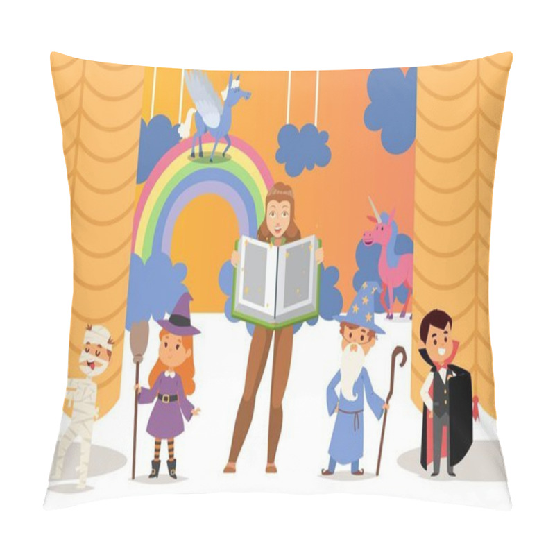 Personality  Children Theatre Performance Vector Illustration With Kids Cartoon Characters In Costume On Stage And Woman Holding Book Of Fairy Tale. Pillow Covers