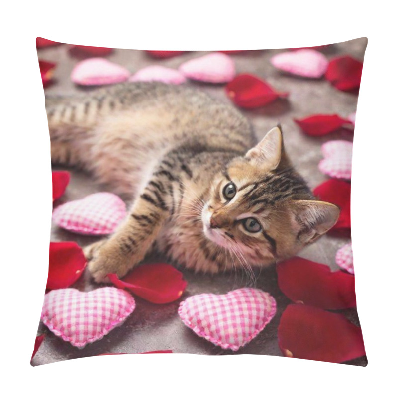 Personality  Cute Fluffy Kitten Nestled Among Rose Petals With Small Heart-shaped Decorations Scattered Around.  Pillow Covers