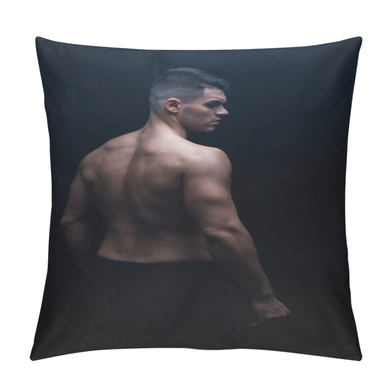 Personality  Back View Of Sexy Muscular Bodybuilder With Bare Torso Posing Isolated On Black Pillow Covers