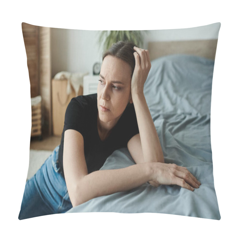 Personality  Middle-aged Woman Lying On Bed With Head In Hands, Showing Signs Of Depression. Pillow Covers