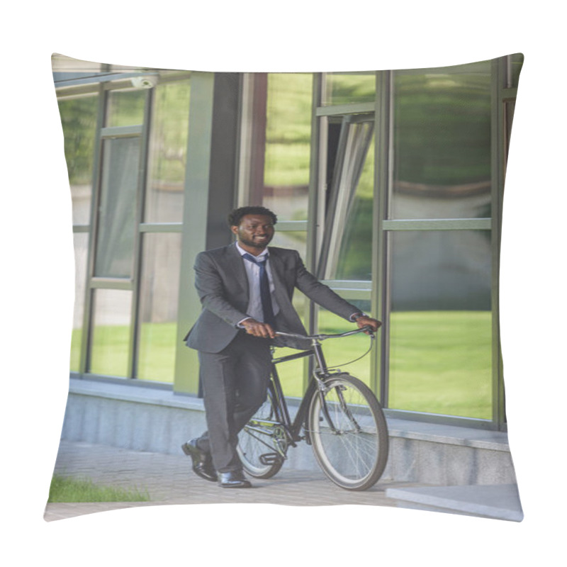 Personality  Smiling African American Businessman Walking With Bike Near Office Building Pillow Covers