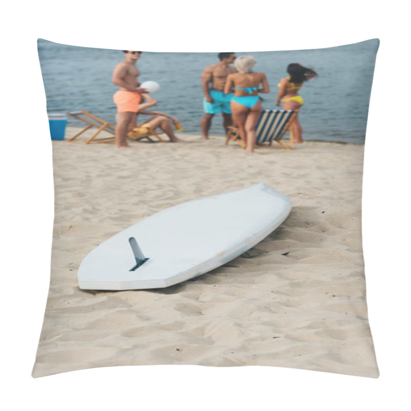 Personality  White Surfing Board On Sand Near Multicultural Friends Resting On Beach Pillow Covers