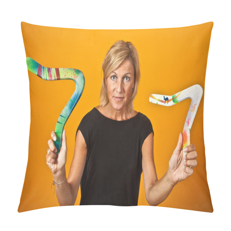 Personality  Cute Woman With Boomerangs Portrait With Yellow Background Pillow Covers