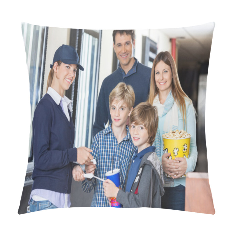 Personality  Happy Family Getting Tickets Checked By Worker At Cinema Pillow Covers