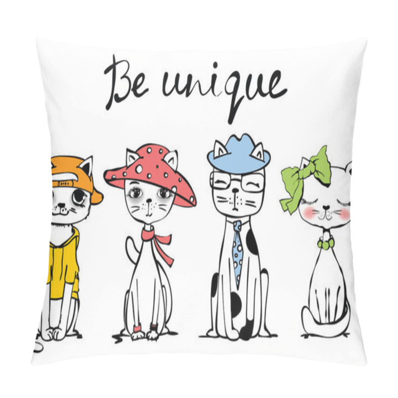 Personality  Vector Illustration With Cute Funny Cats And Hand Drawn Text Be Unique Pillow Covers