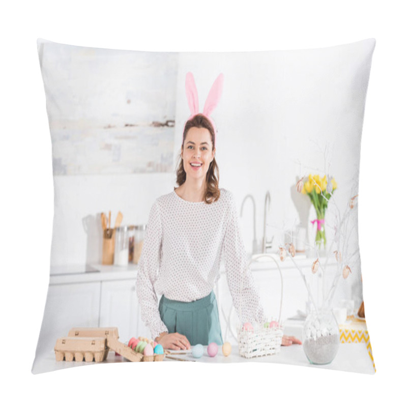 Personality  Smiling Woman In Bunny Ears With Painted Easter Egg In Kitchen Pillow Covers