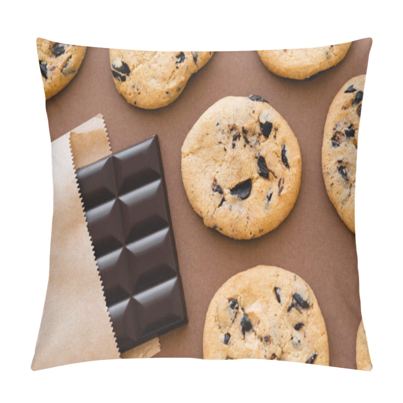 Personality  Top View Of Cookies Near Chocolate Bar In Craft Package On Brown Background  Pillow Covers