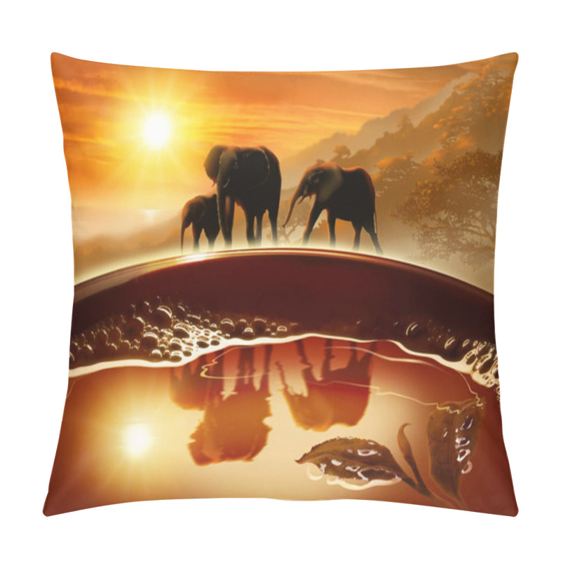 Personality  Creative Image, Hot Green Tea With Foam In A Mug, A Family Of Elephants Against A Beautiful Landscape, Mountains And Hills In The Mist, The Sea, The Reflection Of The Setting Sun Pillow Covers