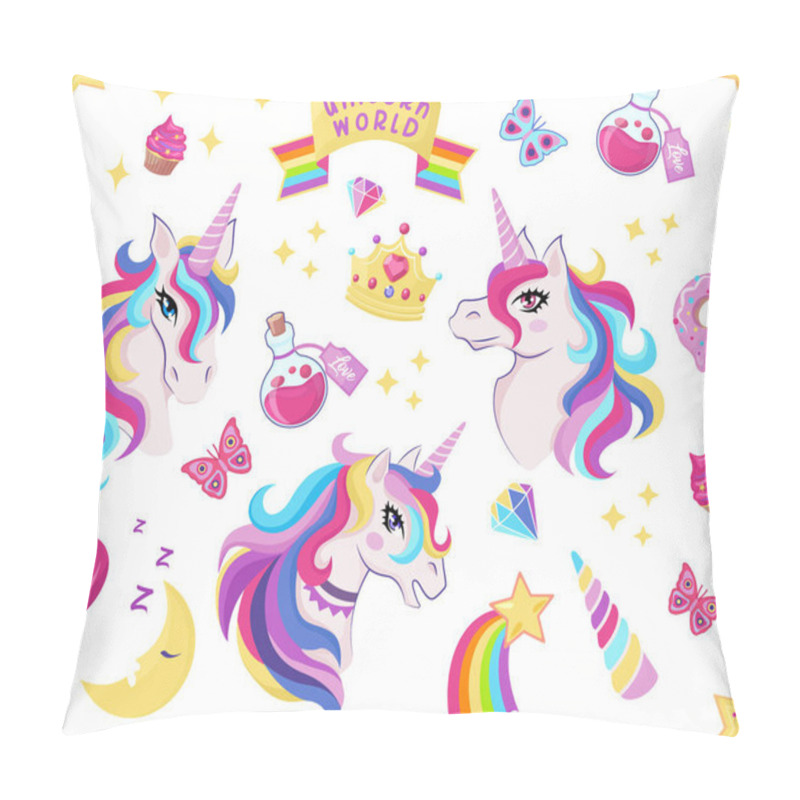 Personality  Magic Unicorn Icon Seamless Pattern With Magic Wand, Stars With Rainbow, Diamonds, Crown, Crescent, Heart, Butterfly, Decor For Girl Birthday, Vector Pillow Covers