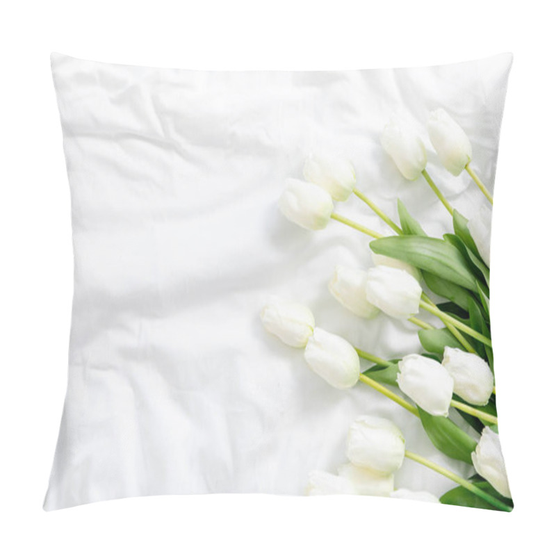 Personality  Fresh White Tulips With Vibrant Green Stems And Leaves Arranged Against A Pristine White Background. The Elegant Spring Flowers Create A Minimalist Composition With Their Pure, Delicate Petals. Pillow Covers