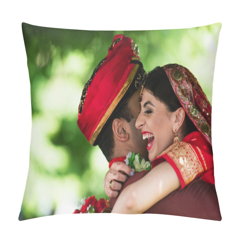 Personality  Indian Man In Turban Hugging Happy Bride In Traditional Headscarf  Pillow Covers