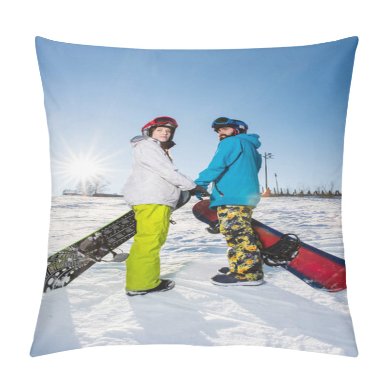 Personality  Man And Woman With Snowboards Pillow Covers