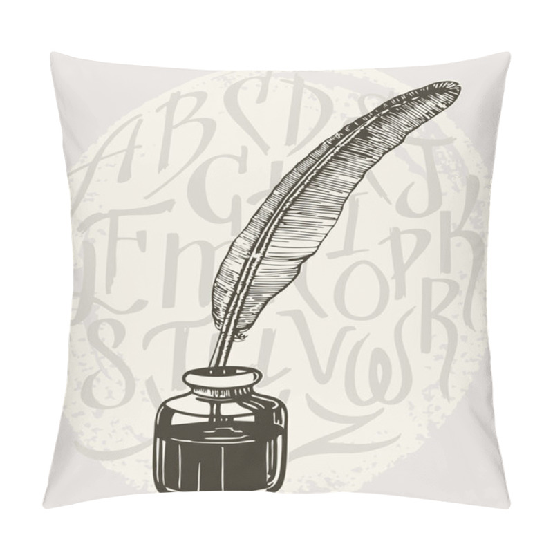 Personality  Vintage Pen For Writing. Goose Feather. Pen And Inkwell. It Can Be Used As An Idea For A Tattoo. Alphabet Brush Background. Graphic Illustration Pillow Covers