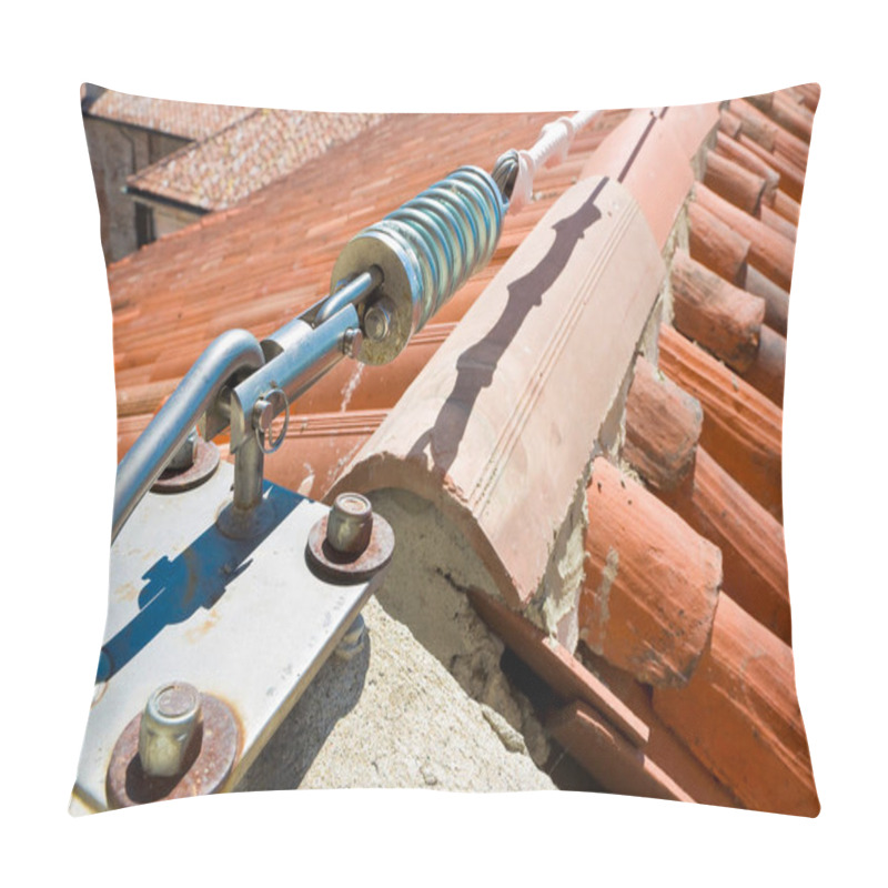 Personality  Horizontal Lifeline Fall Protection System With Inox Stainless Cable On Terracotta Roof Used To Prevent The Danger Of Falling Pillow Covers