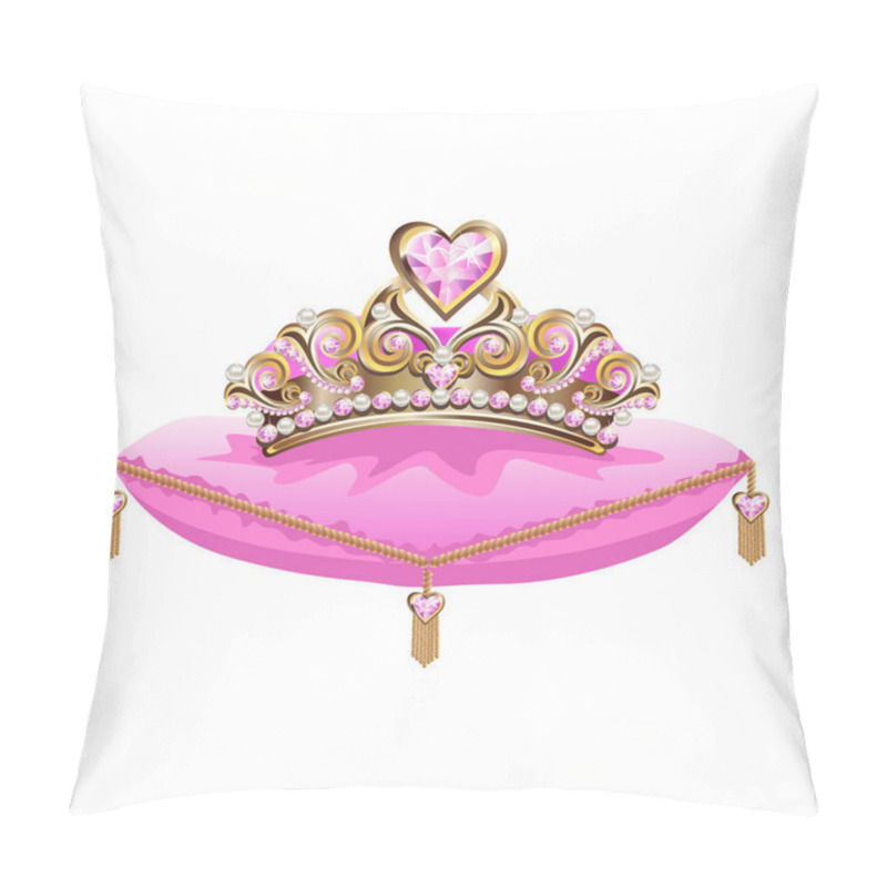 Personality  Beautiful Golden Princess Crown With Pearls And Pink Jewels. Vector Illustration On White Background. Pillow Covers