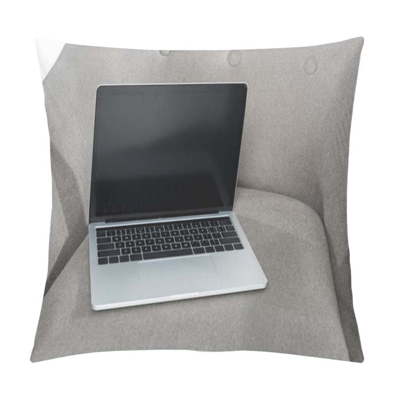 Personality  Close-up View Of Laptop With Blank Screen On Grey Armchair Pillow Covers