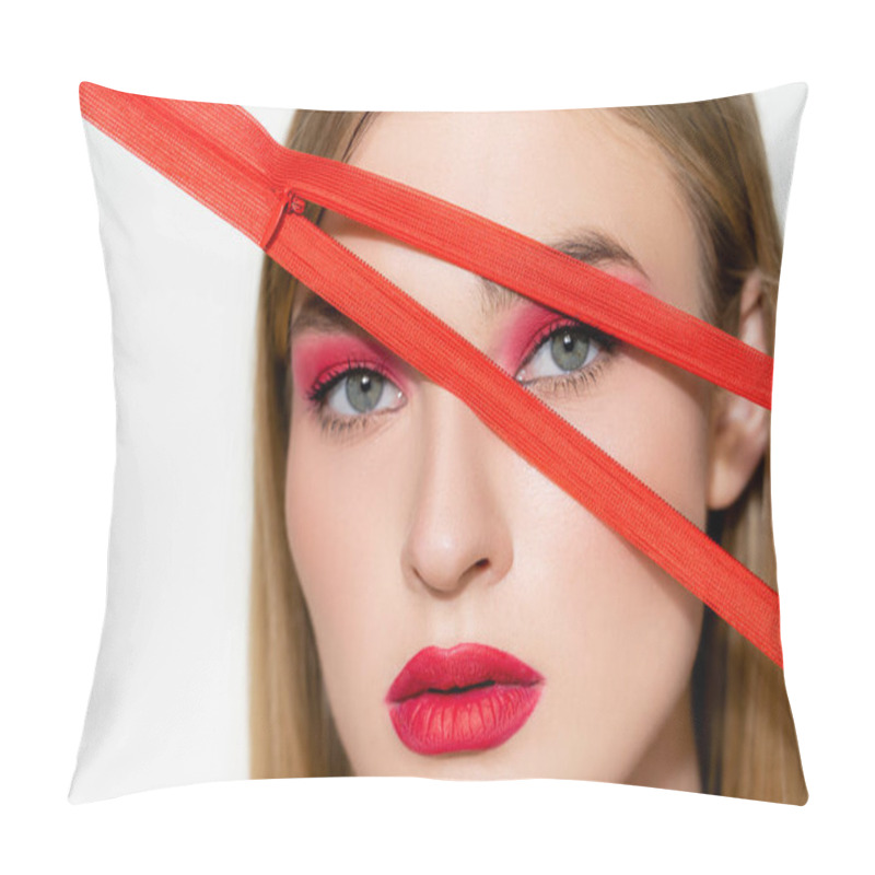 Personality  Young Woman With Red Lips Looking At Camera Near Zipper Isolated On White  Pillow Covers