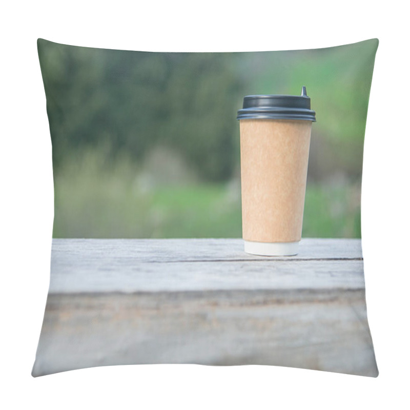 Personality  Close-up Paper Cup Of Coffee On Natural Background On A Wooden Bench. For A Coffee Shop. Pillow Covers