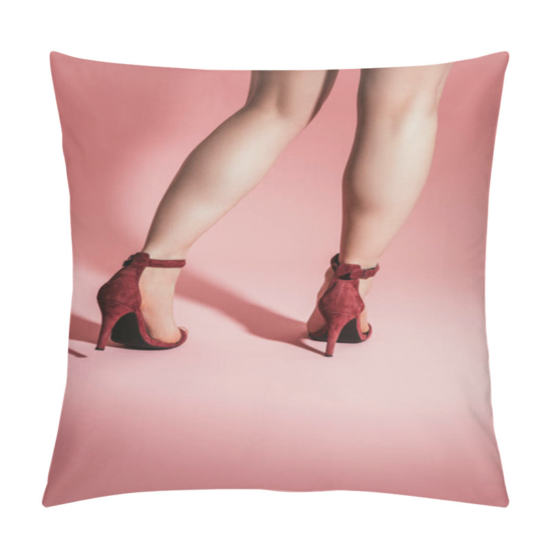 Personality  Rear View Of Woman Legs In Stylish High Heeled Sandals On Pink Background Pillow Covers