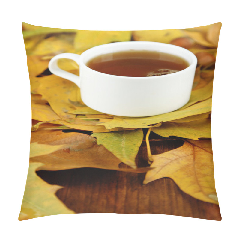 Personality  Cup Of Hot Beverage, On Yellow Leaves, On Wooden Background Pillow Covers