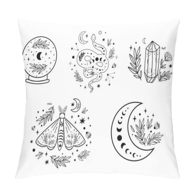 Personality  Celestial Logo Set. Floral Moon Circle Logo Moon Logo. Moon Phase, Floral Crystal, Serpent, Snake, Moth, Butterfly, Crystal Ball, Stars Occult Collection. Celestial Crescent. Magic Illustration. Pillow Covers