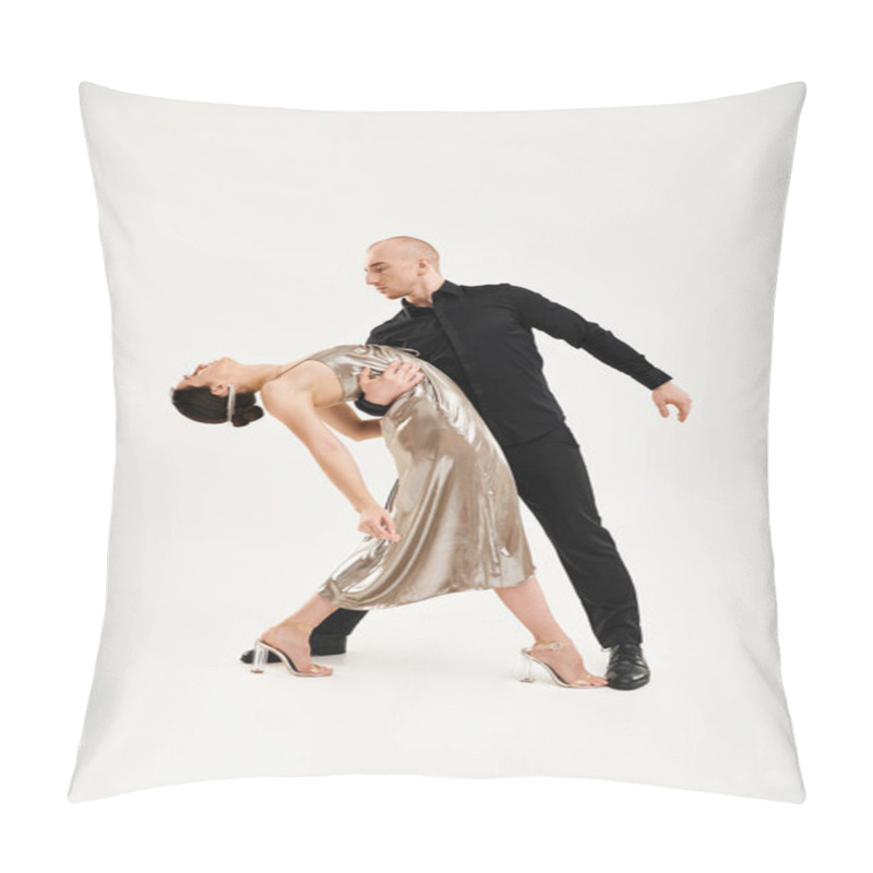 Personality  A Young Man In Black And A Young Woman In A Shiny Dress Perform An Acrobatic Dance Routine Together Against A White Studio Backdrop. Pillow Covers