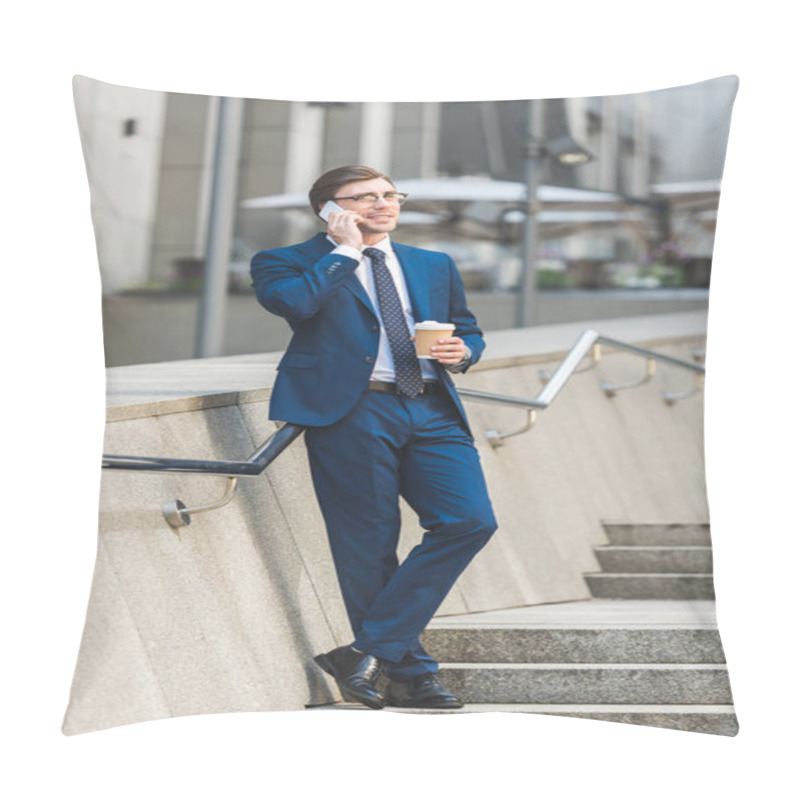 Personality  Successful Young Businessman In Stylish Suit With Coffee To Go Talking By Phone On Stairs Near Business Building Pillow Covers