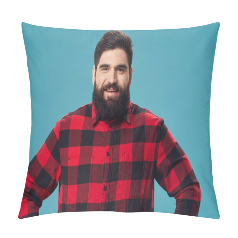 Personality  A Man In A Plaid Red Shirt Holds His Hands On His Belt And A Thick Beard Blue Background Pillow Covers