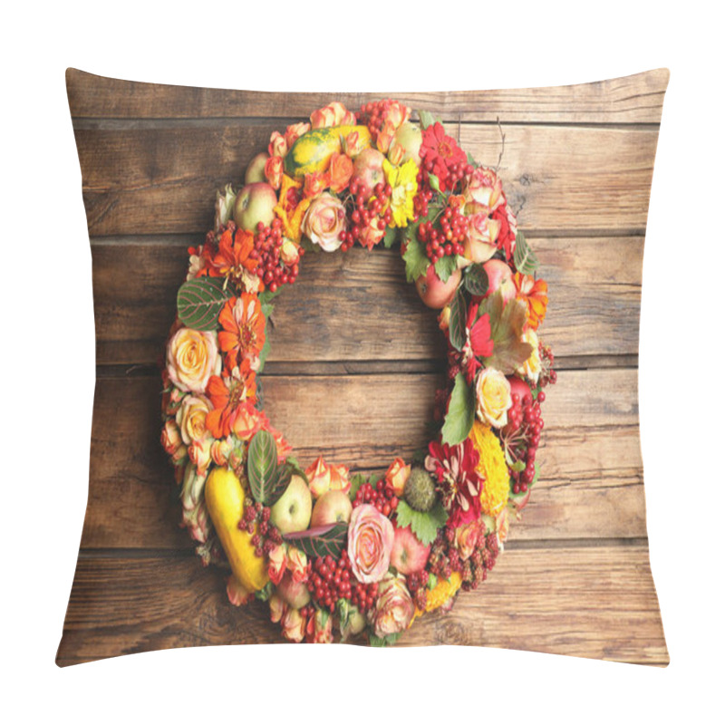 Personality  Beautiful Autumnal Wreath With Flowers, Berries And Fruits On Wooden Background, Top View. Space For Text Pillow Covers