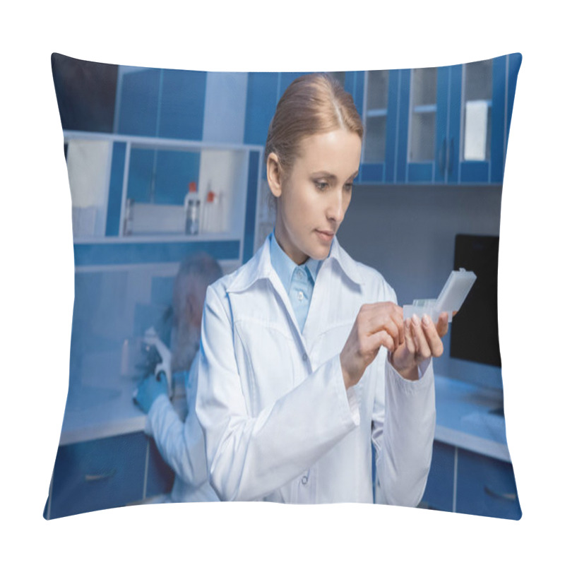 Personality  Laboratory Technician Looking At Samples At Laboratory Pillow Covers