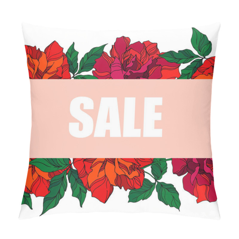 Personality  Vector Rose Floral Botanical Flowers. Green Ahd Red Engraved Ink Art. Frame Border Ornament Square. Pillow Covers