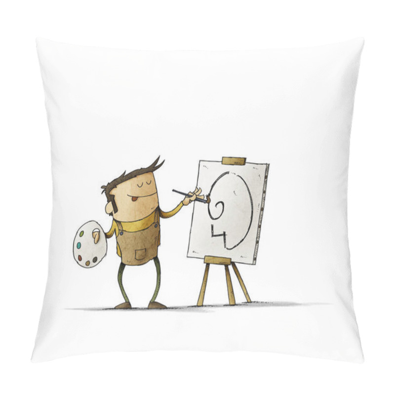 Personality  Man With A Painter's Palette Is Painting On A Canvas That Is On An Easel. Isolated Pillow Covers