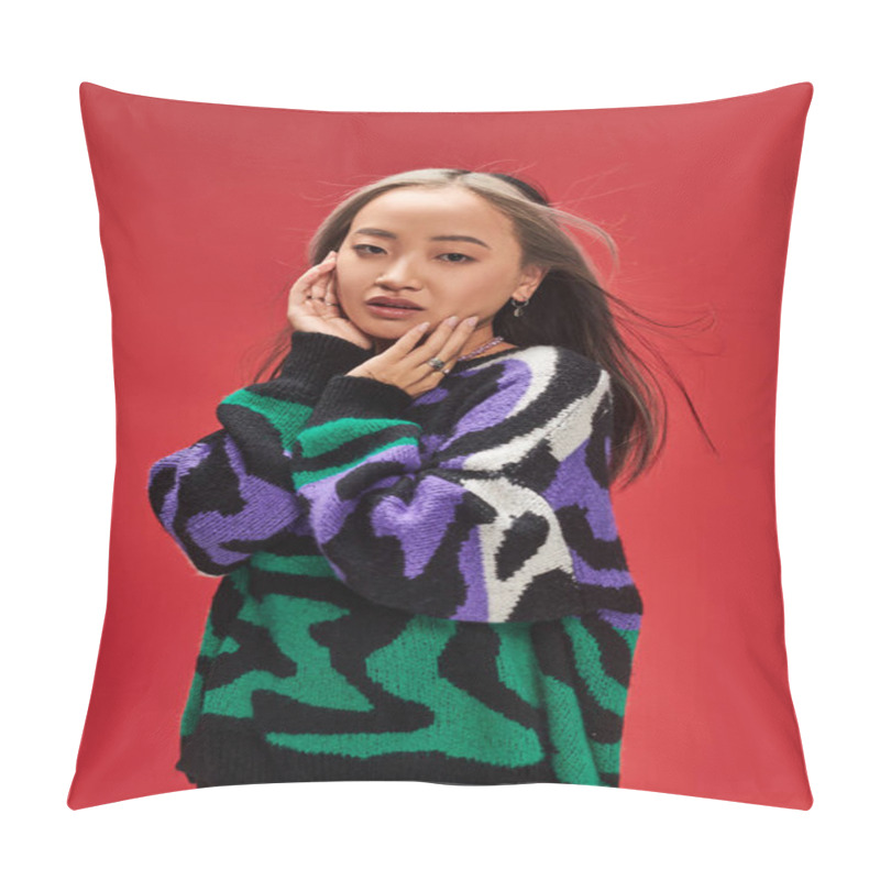 Personality  Young Pretty Asian Woman With Dyed Hair In Sweater With Animal Print Posing With Hand Near Face Pillow Covers