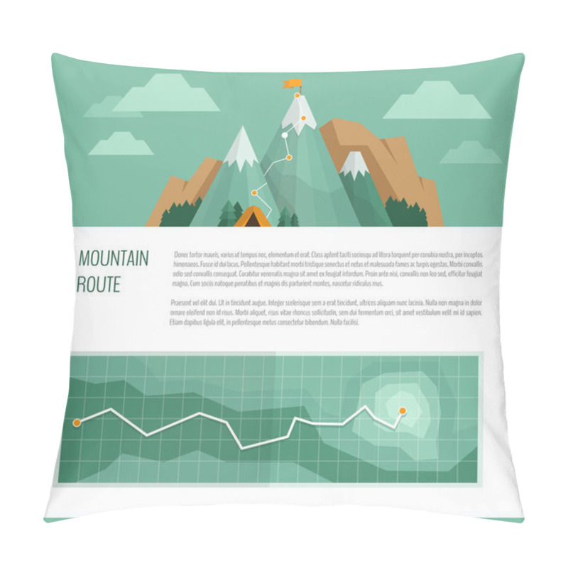 Personality  Mountain Trekking, Hiking, Climbing And Camping Concept. Hiking Trail Concept, Infographics. Pillow Covers