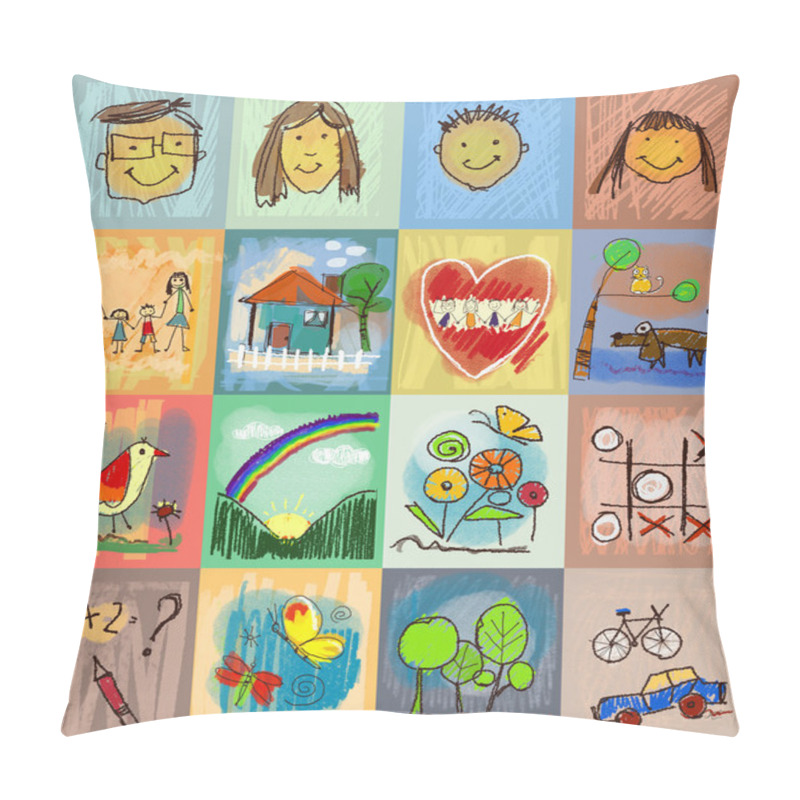 Personality  Collection Of Cute Drawings Of Kids, Children's Drawing Styles. Seamless And Multicolored Symbols Set With  Human Family, Animals, Nature, Objects On Colorful Background. Happy Family Concept Pillow Covers