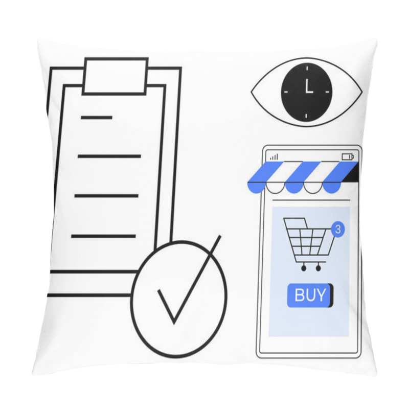 Personality  A Shopping Cart On A Smartphone With A Checkmark And A Clock In An Eye Shape. Ideal For E-commerce, Online Shopping, Time Management, Task Completion, Digital Marketing. Minimalist, Clean, Modern Pillow Covers