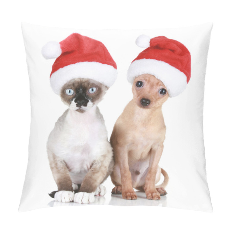 Personality  Funny Devon-rex Cat And Toy-terrier In Christmas Hats Pillow Covers