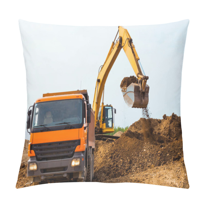 Personality  Excavator Loads Clay Into The Body Of A Dump Truck On A Sunny Summer Day Pillow Covers