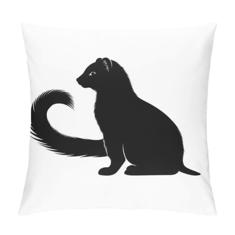 Personality  Silhouette Of A Black Cat With A Fluffy Tail, Sitting Gracefully Against A White Background. Pillow Covers