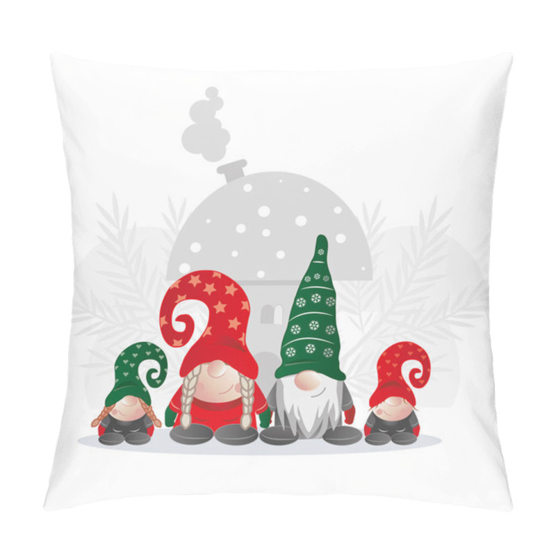 Personality  Christmas Card With Gnome Family In Front Of Mushroom House Vector Illustration Pillow Covers