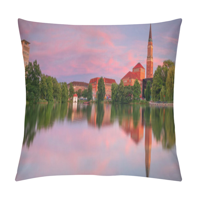 Personality  Kiel, Germany. Panoramic Cityscape Image Of Downtown Kiel, Germany With Town Hall, Opera House And Reflection Of The Skyline In Small Kiel At Sunset. Pillow Covers